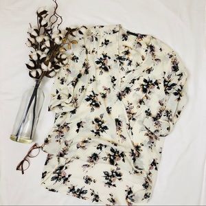 Beige Floral High-Low Wrap Swiss Dot Blouse NWOT